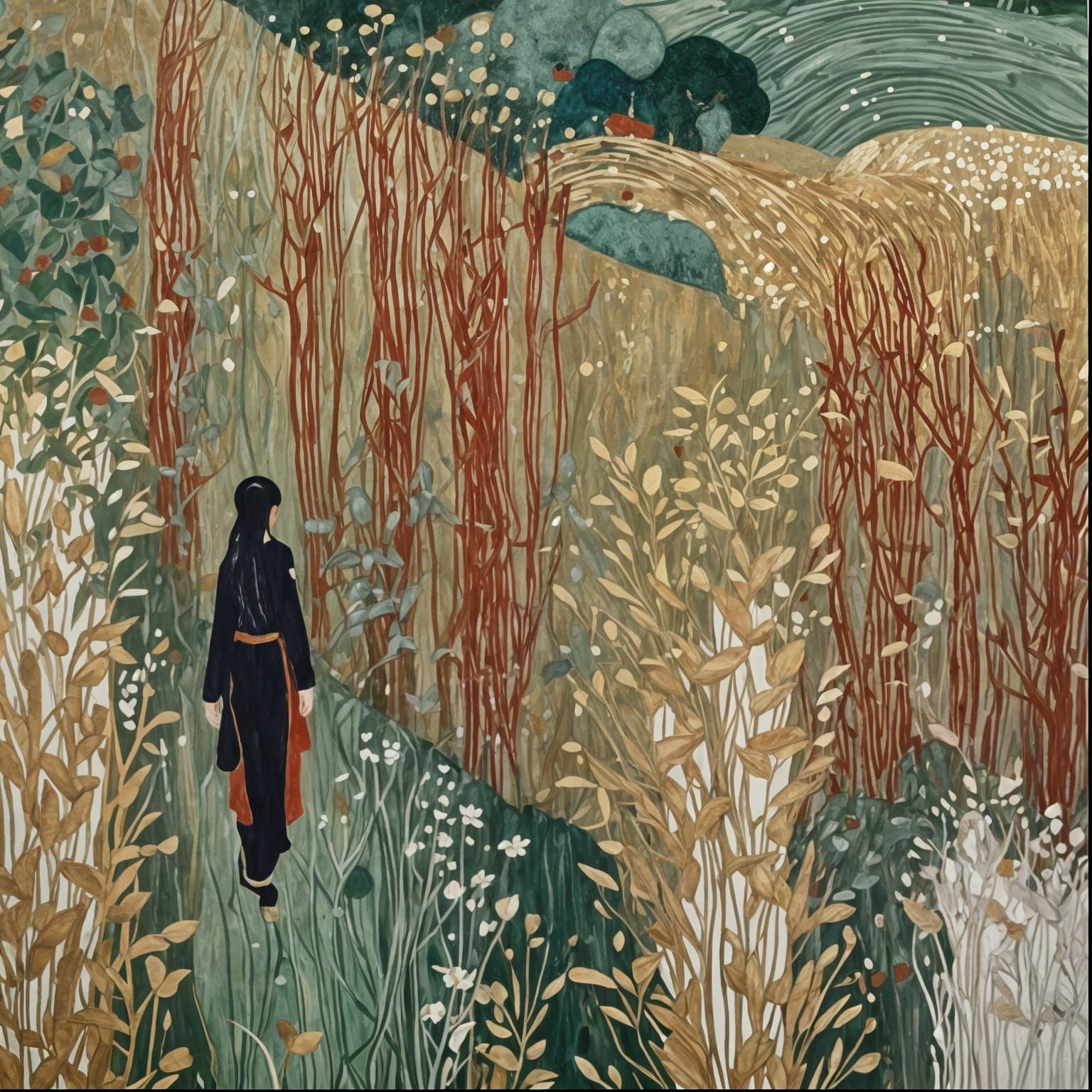 Abstract Gold Fields with Figure, Klimt Style