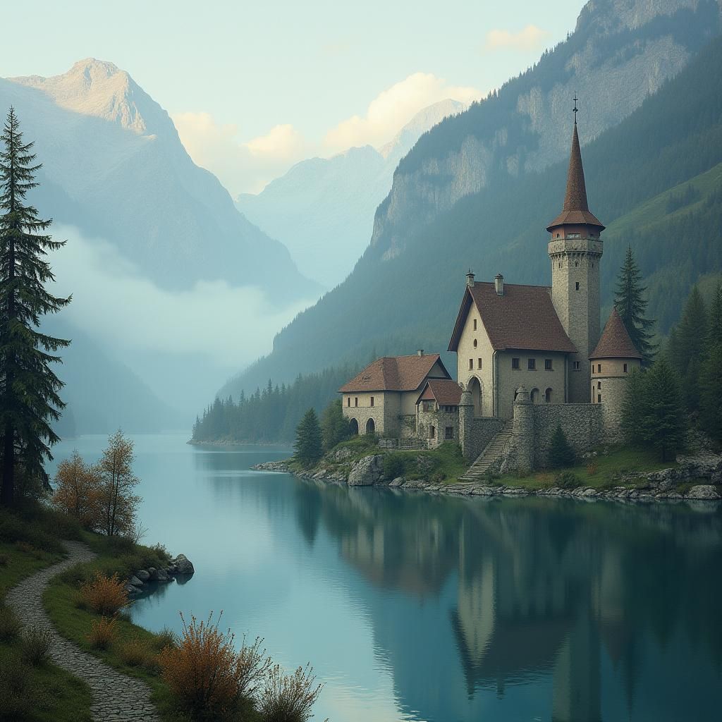 Mystical Medieval Town by Lake in Soft Light