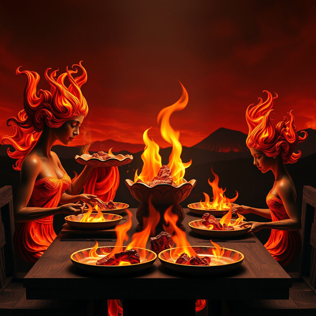 Fiery Family Dinner in Futuristic Abstract Style