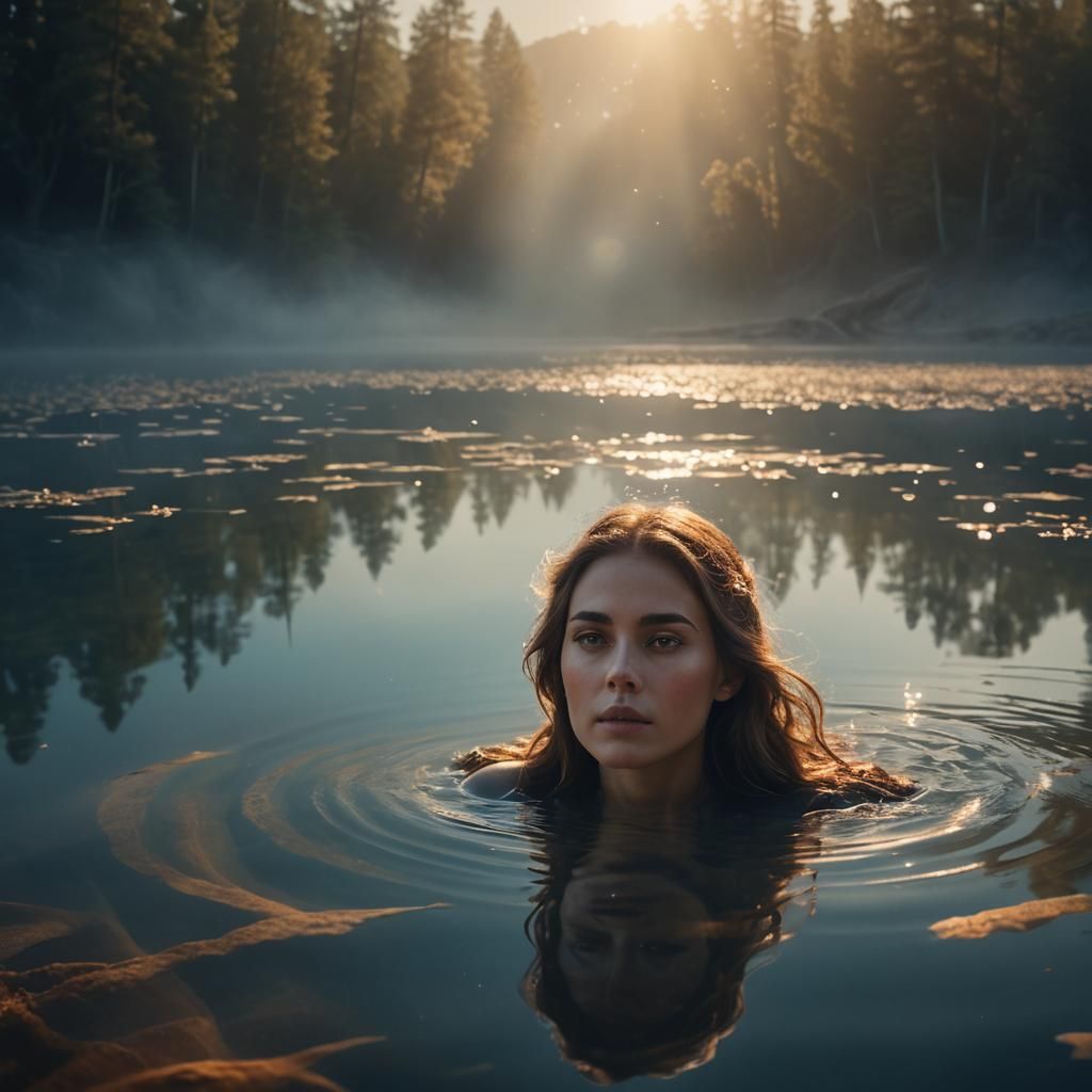 Woman's Ghostly Reflection Floats in Serene Lake