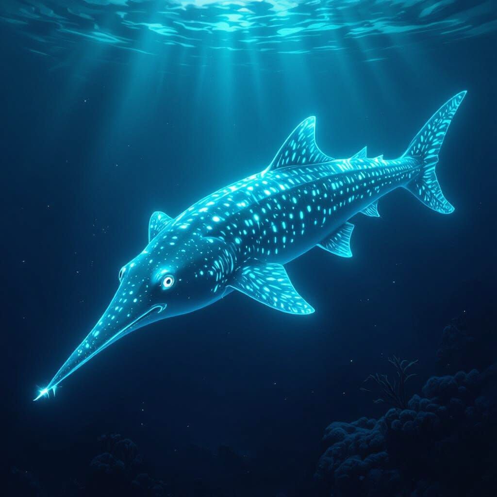 Bioluminescent Sawfish in Mystical Ocean