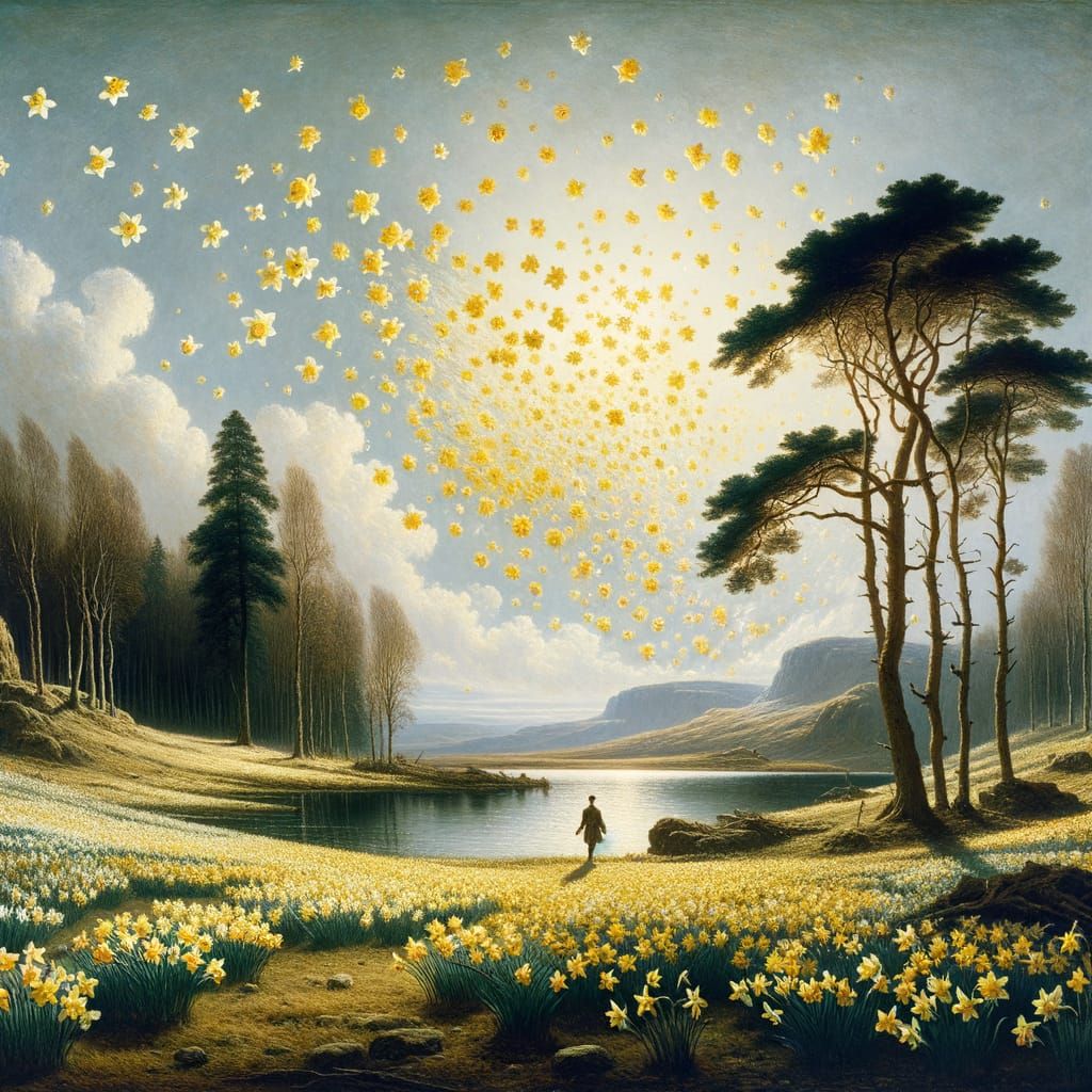 Daffodils Dancing in the Breeze by a Tranquil Lake