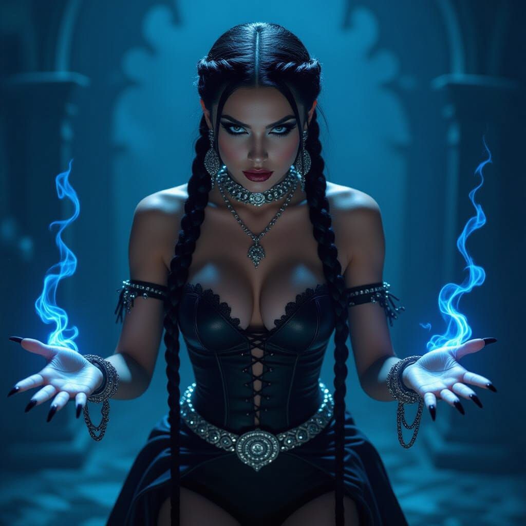 Gothic Superheroine Levitation with Blue Energy