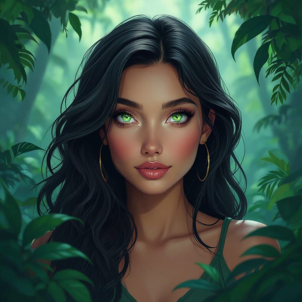 Mystical Green-Eyed Woman in Forest, Art Nouveau