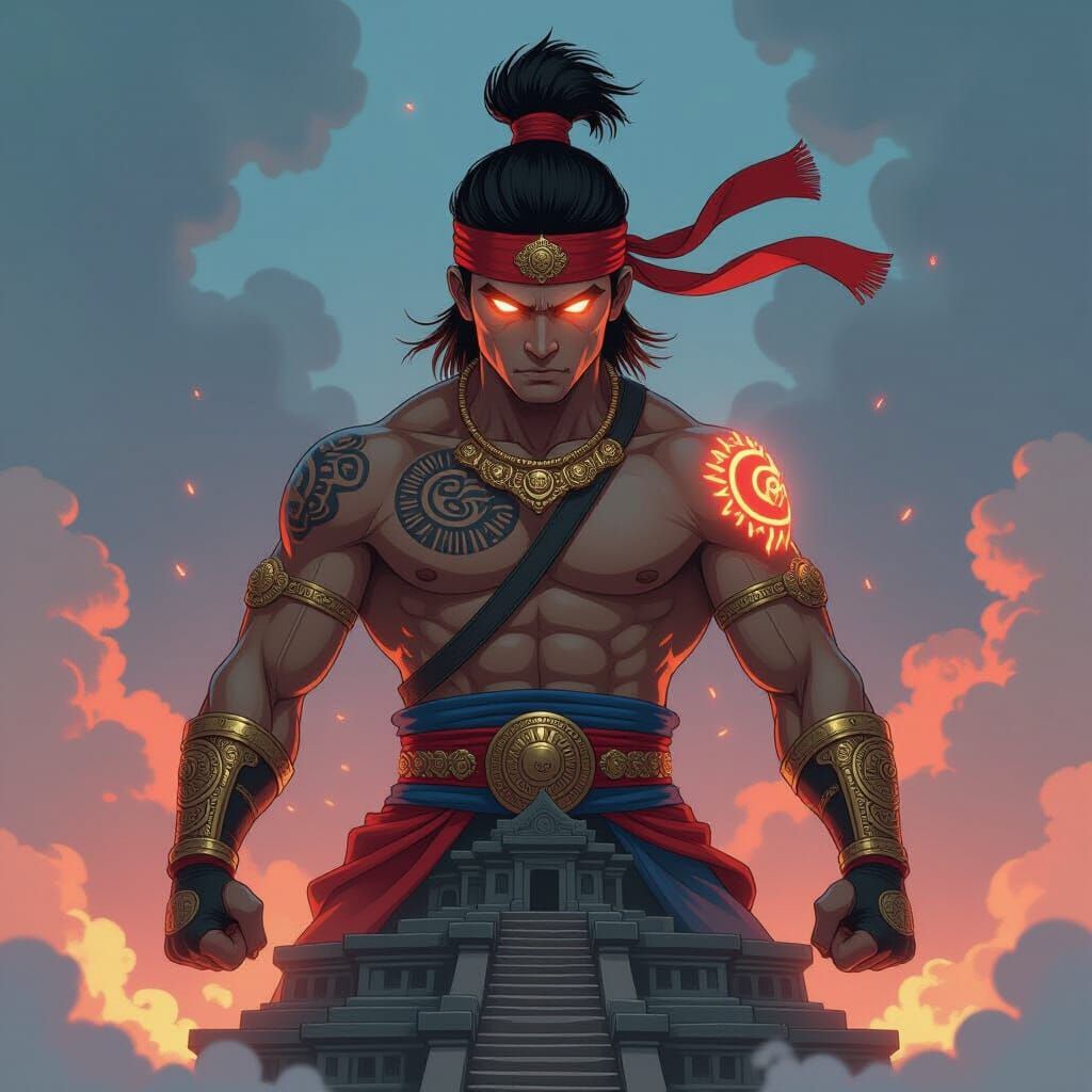 Muay Thai Warrior on Ziggurat in Anime Style