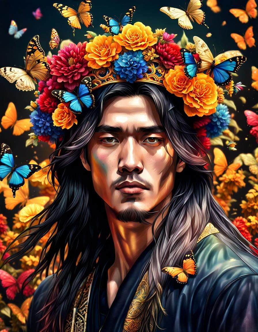 Ethereal Korean Man with Floral Crown: Digital Art