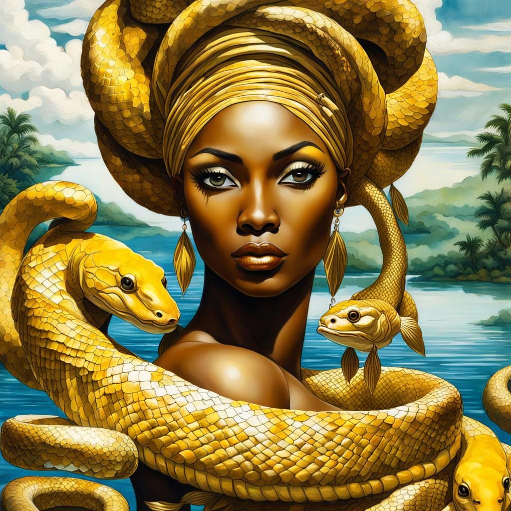 Oshun and Serpent of Wisdom in Hyperrealistic Style
