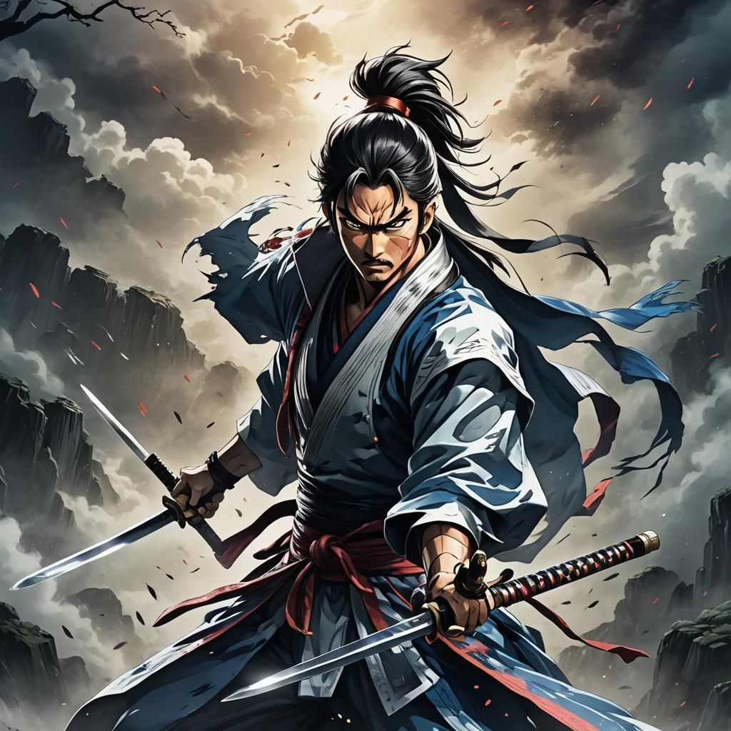 Fierce Swordsman in Vibrant Anime Style