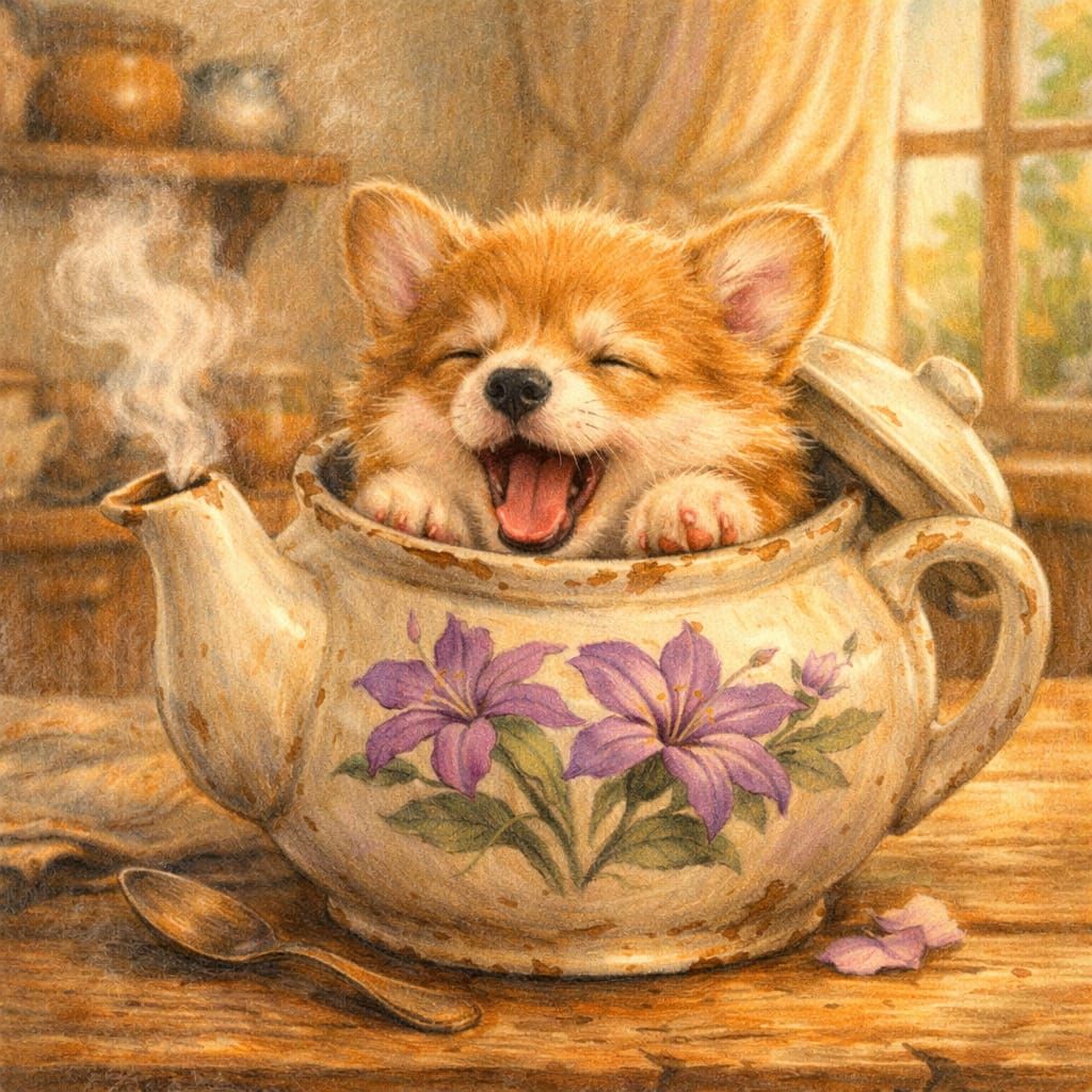 Fluffy Corgi Puppy Sleeps in Vintage Teapot with Lilies