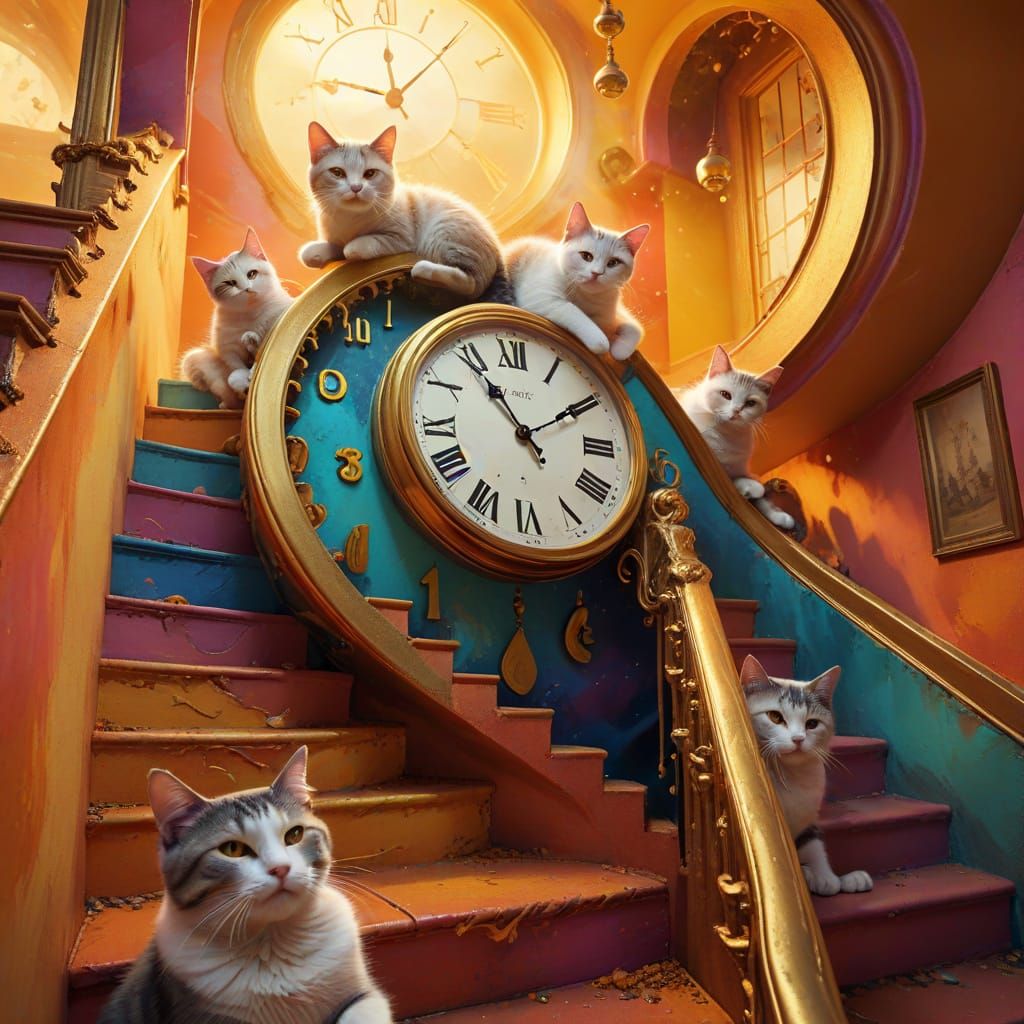 Surreal Staircase with Napping Cats in Dreamlike Digital Art