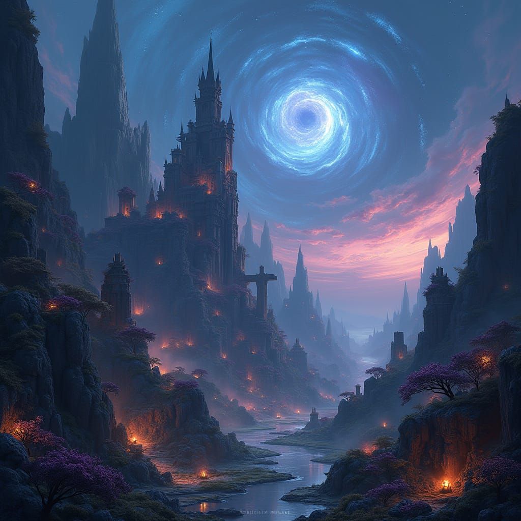 Ancient Fantastical Cityscape in Deep Complementary Colors