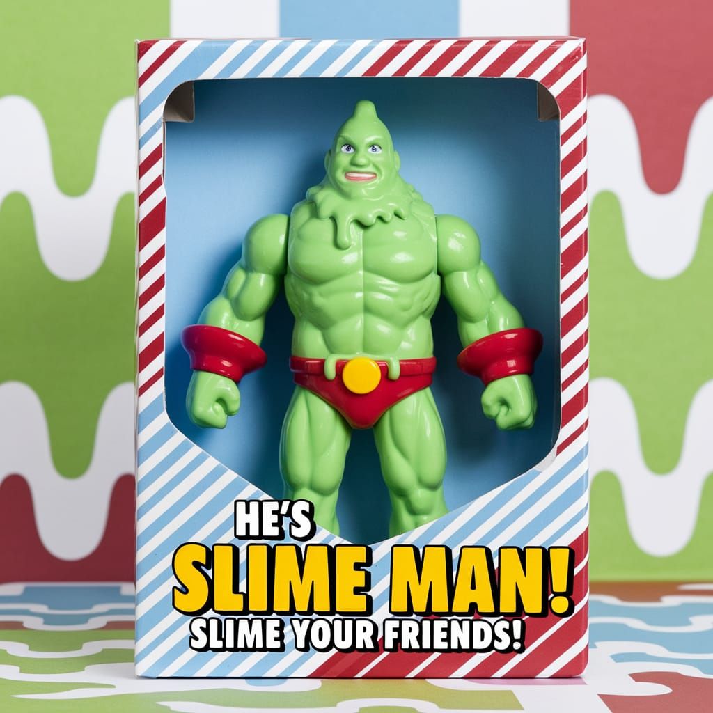 In a vibrant, colorful photograph, an overpowered slime man action figure stands proudly inside its box, donning a gooey...