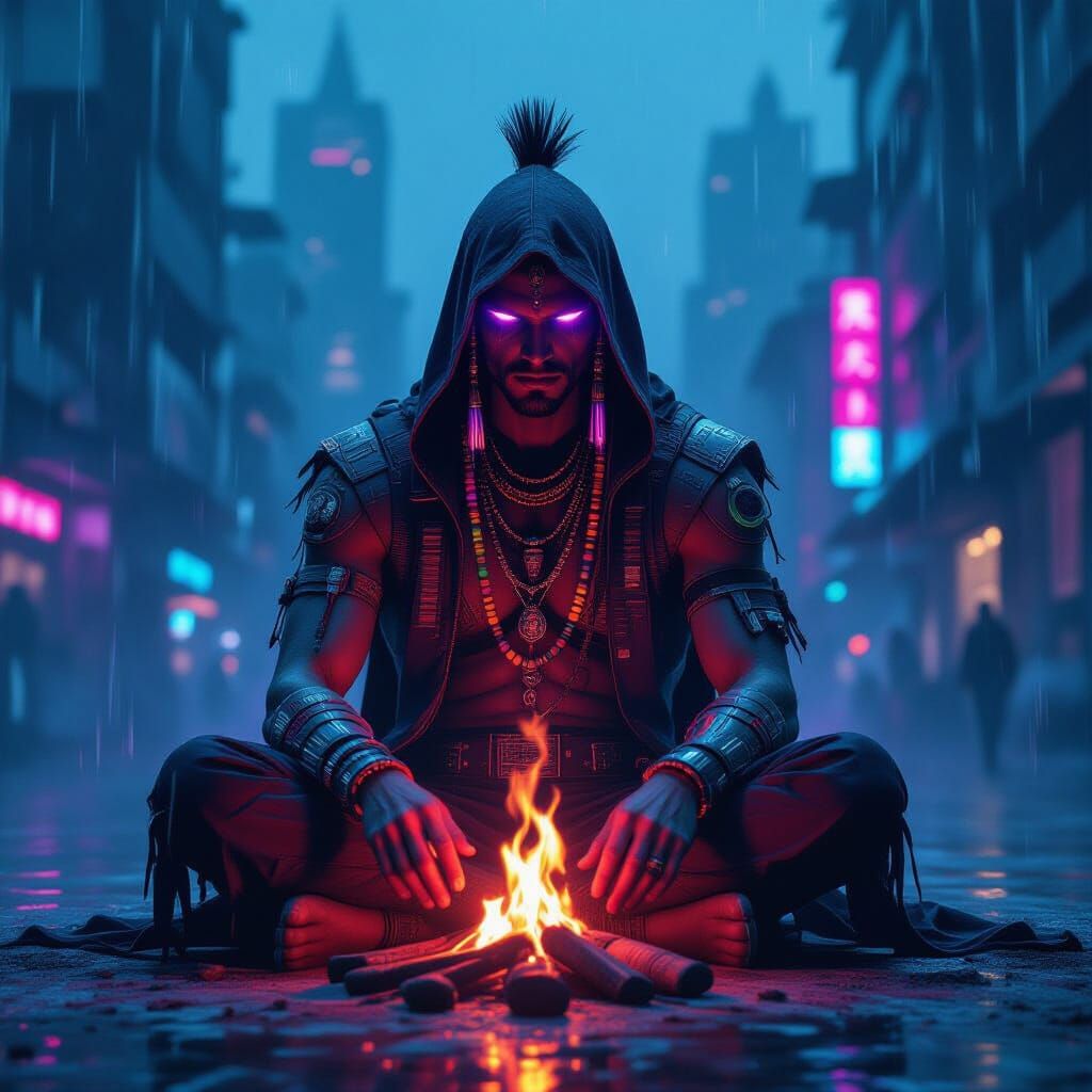 Cyberpunk Shaman at Purple Fire in Rainy Cityscape