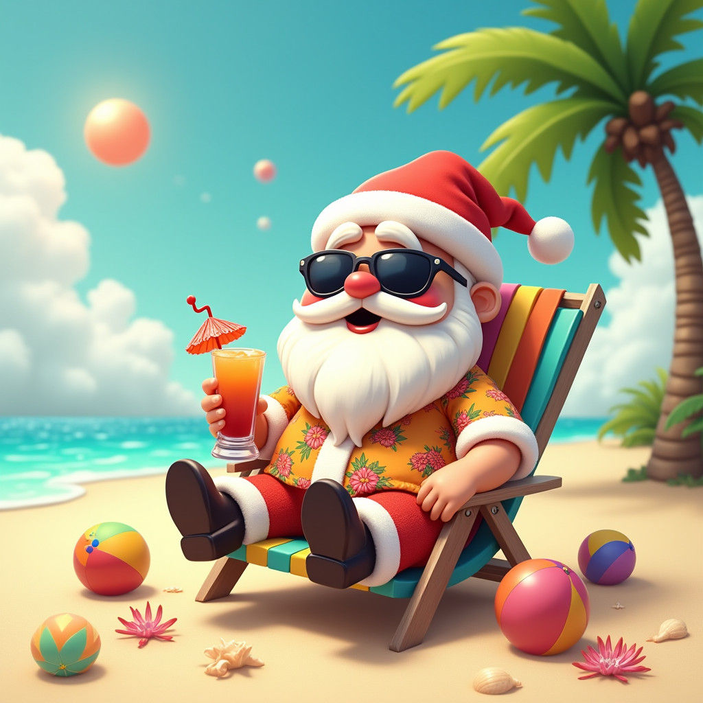Chibi Santa Claus on Sunny Beach in 3D Style