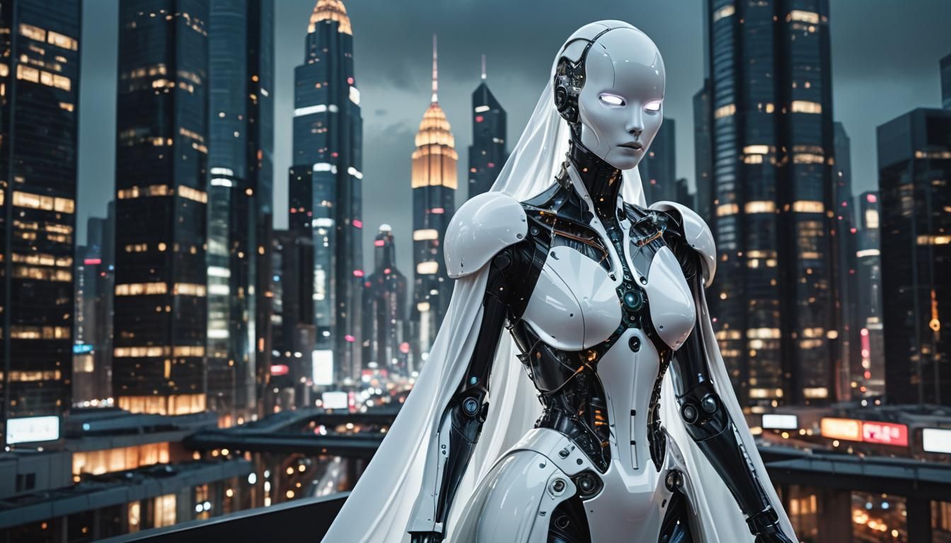 Android Goddess in Neon Cityscape