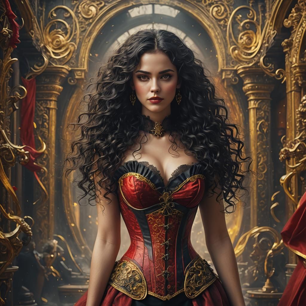 Elegant Woman in Red Corset: Detailed Matte Painting