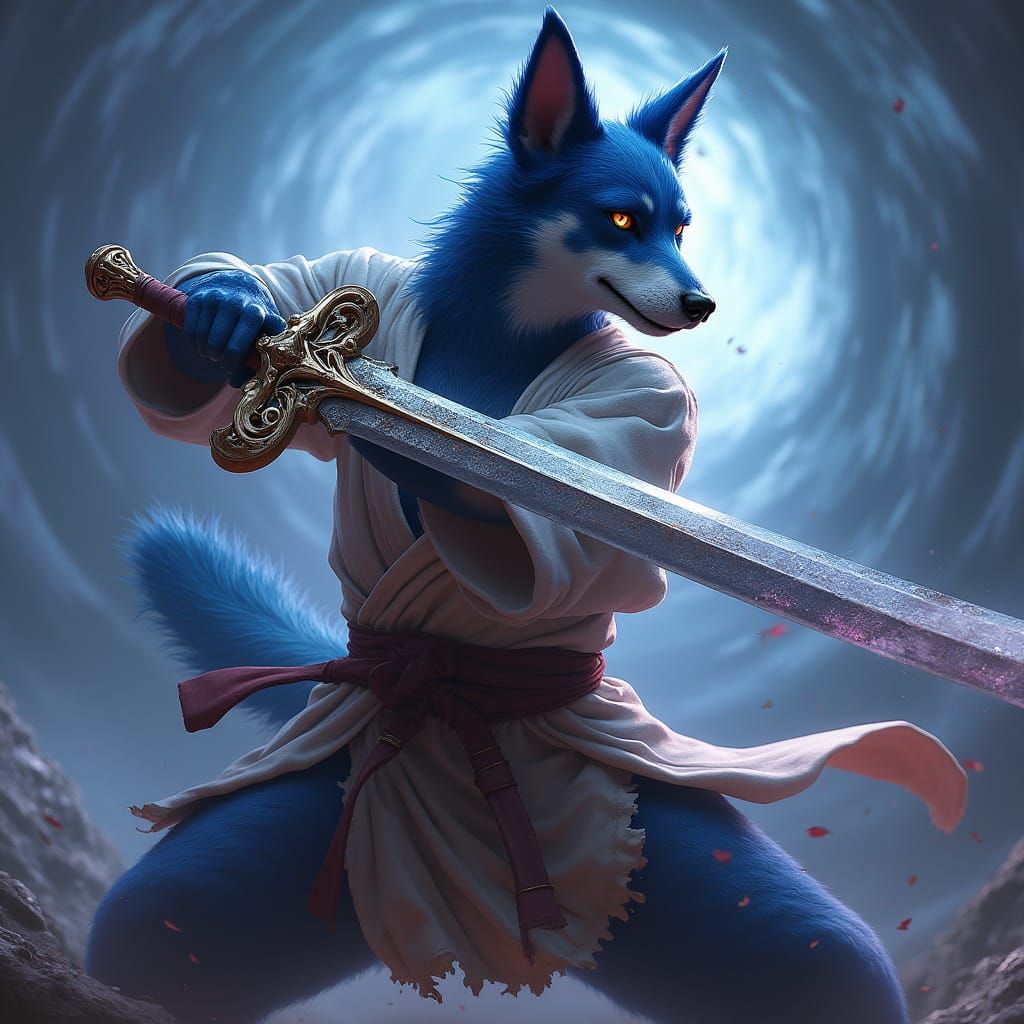 Fantastical Blue Heeler Warrior in Sword Stance
