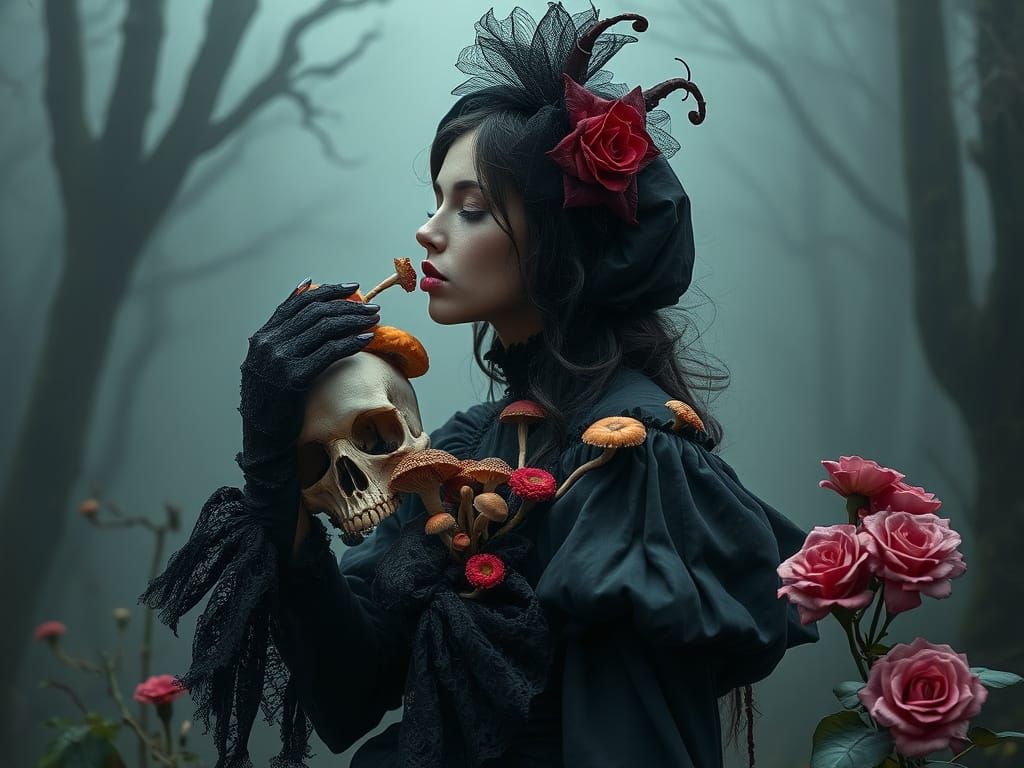 Eerie Swamp Witch Caresses Skull with Poisonous Mushrooms
