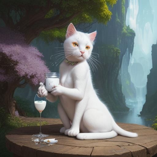Cute White Cat Drinks Milk: Detailed Matte Painting