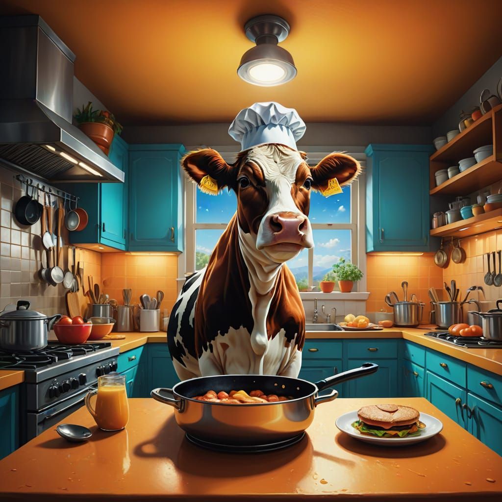 Surreal Cow Chef in a Dreamlike Kitchen