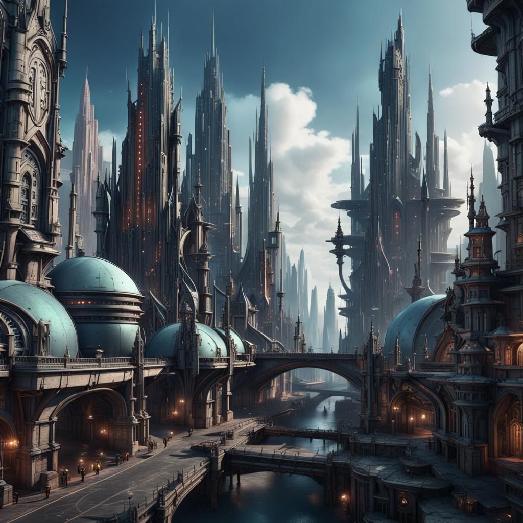 Detailed Gothic Futuristic City Concept Art