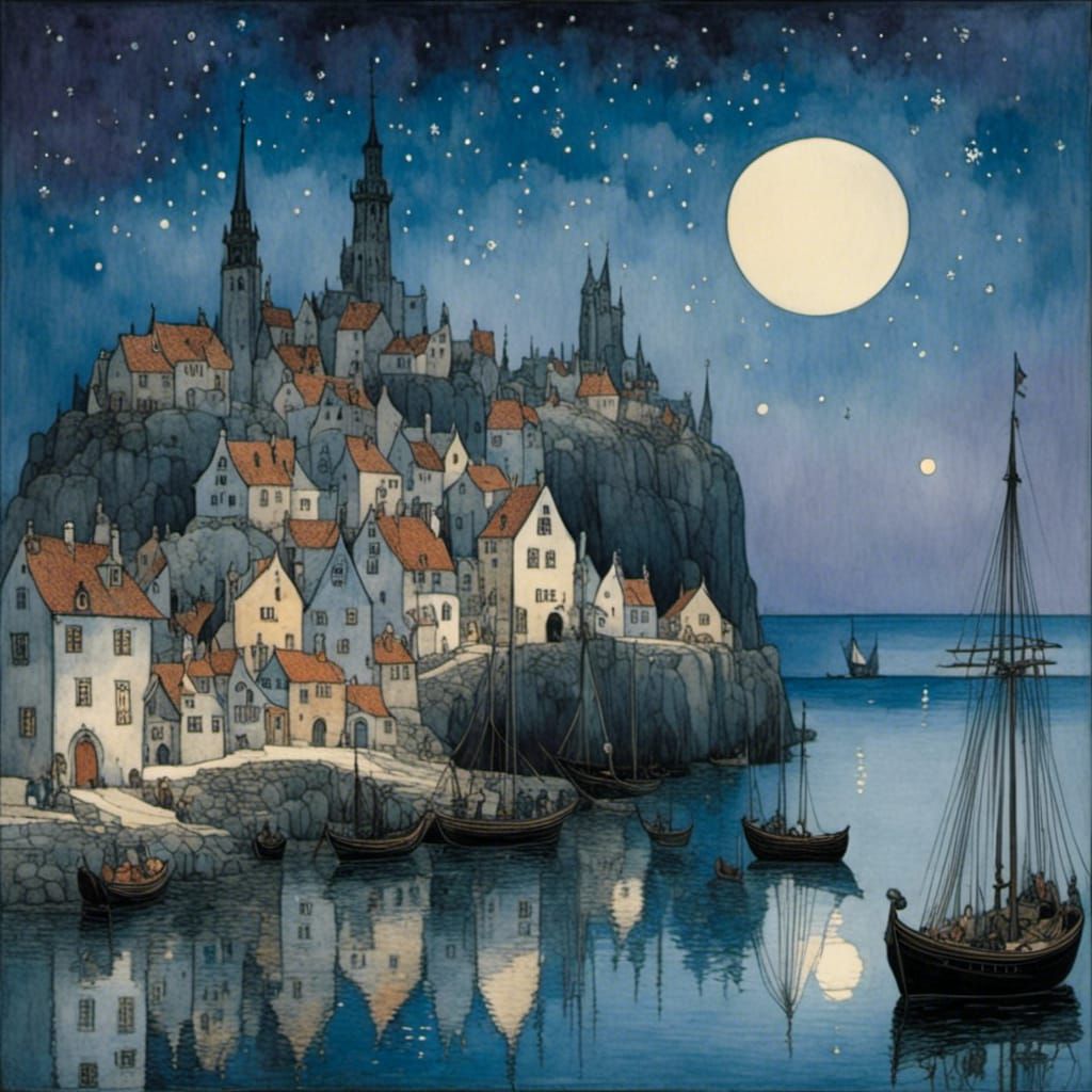 Enchanted Medieval Port Town Under Starry Sky