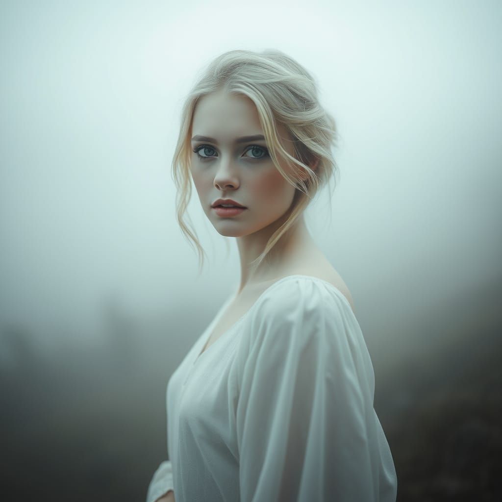 Ethereal Woman in Misty Landscape