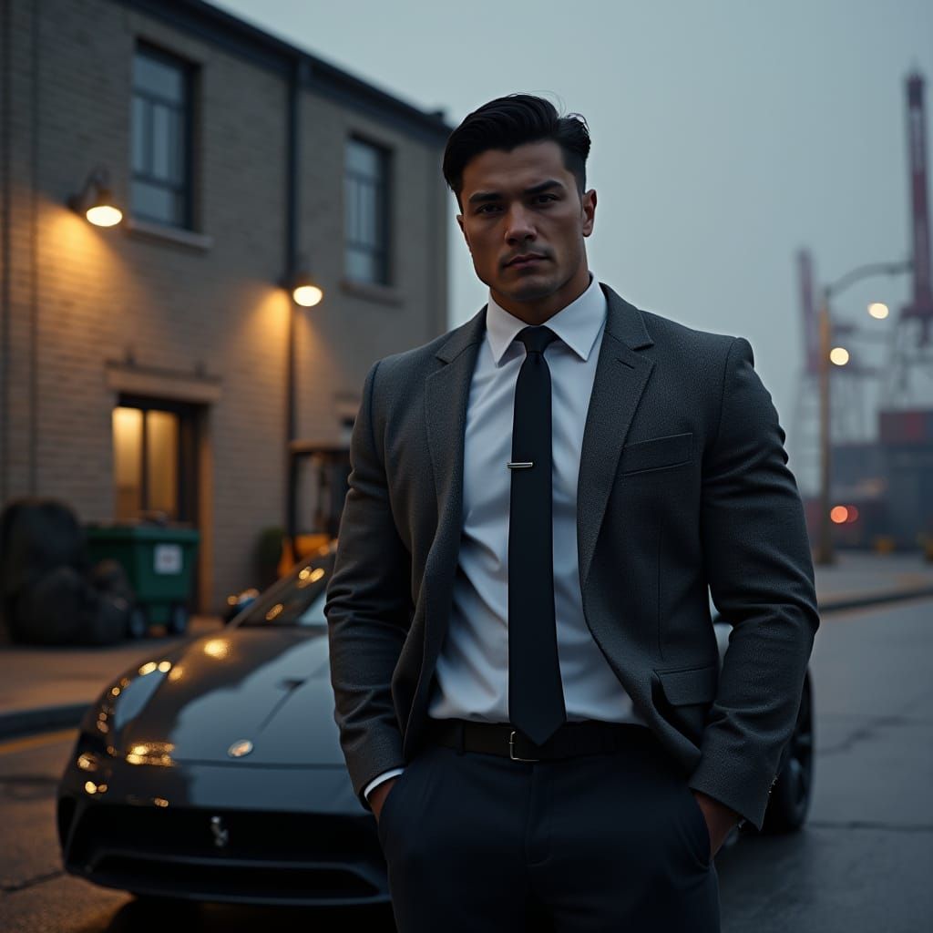 Muscular Man Poses With Sports Car in Autumn Harbor