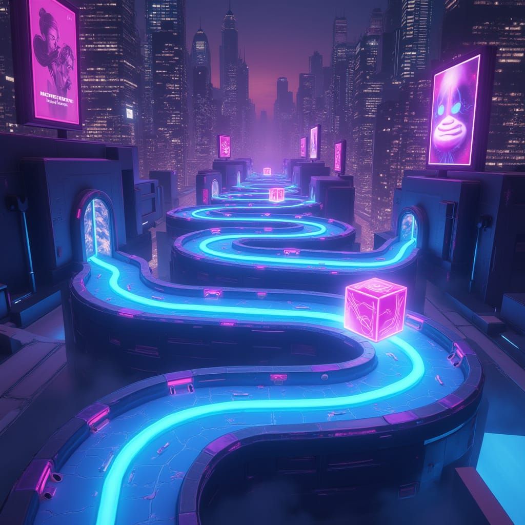 Futuristic Neon Geometry Dash Level in Cyberpunk Cityscape