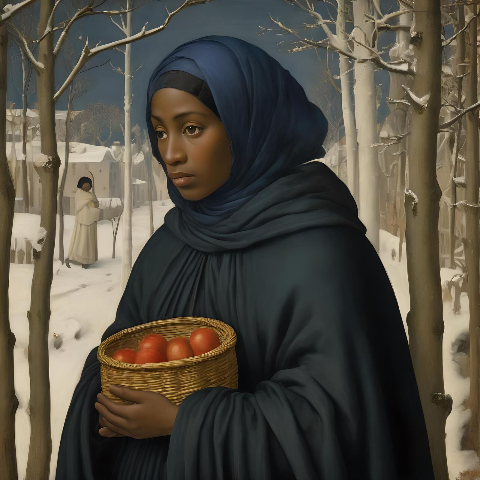 Black Woman as Winter in Pre-Raphaelite Style
