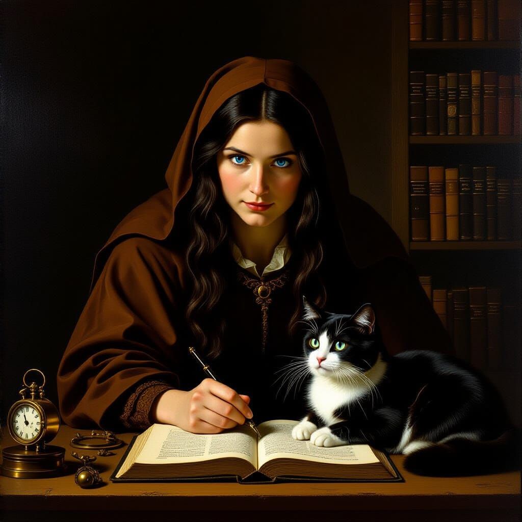 Medieval Doctor Examines Clockwork Cat in Dramatic Lighting