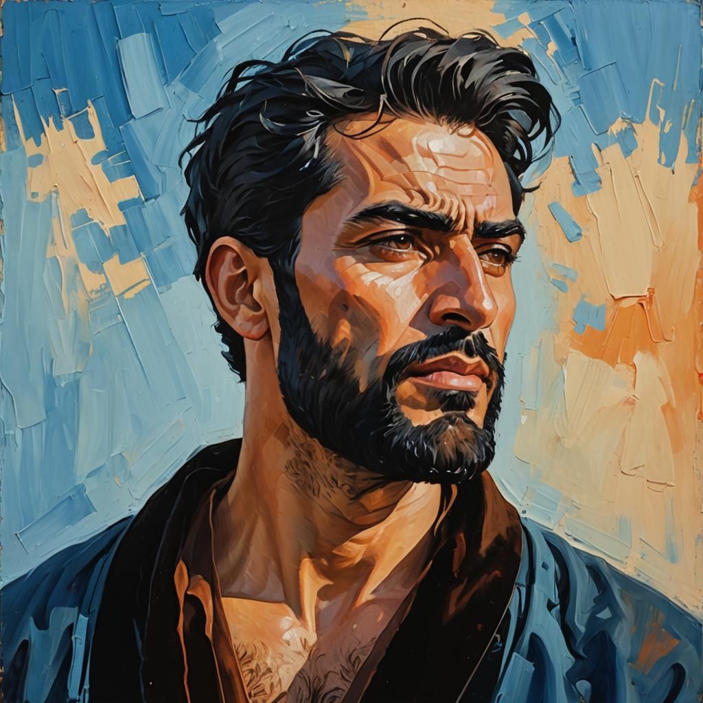 Serious Man in Impasto Gouache Expressionist Portrait