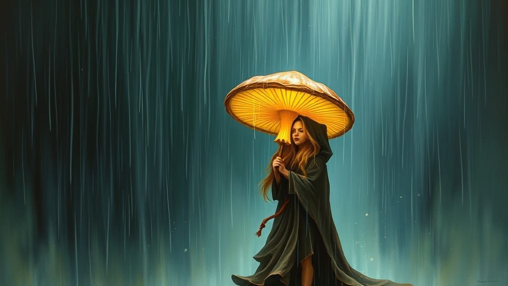Girl with Mushroom Umbrella, High Fantasy Oil Painting