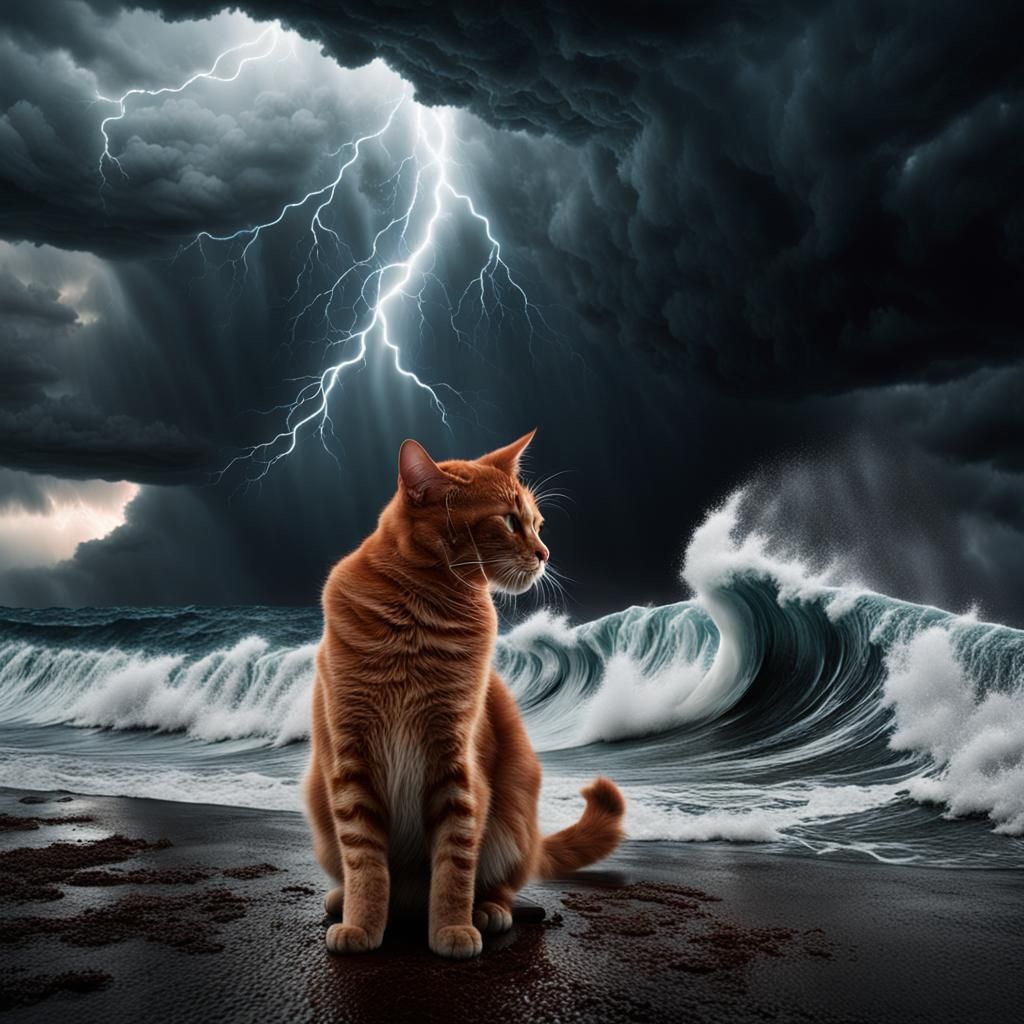 Red-Haired Cat in a Tsunami's Shadow: Ominous Dystopian Scen...