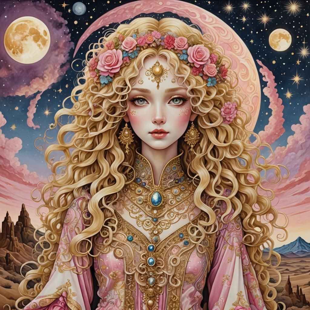 Golden-Haired Beauty in Desert Oasis: 3D Anime Art