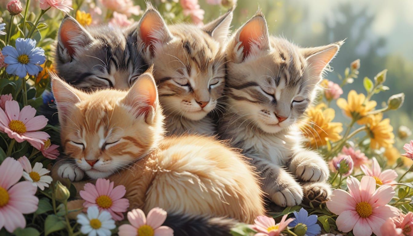 Kittens Sleeping Among Flowers in Watercolor Style