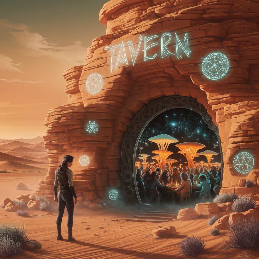 Intergalactic Explorer at Ancient Desert Tavern