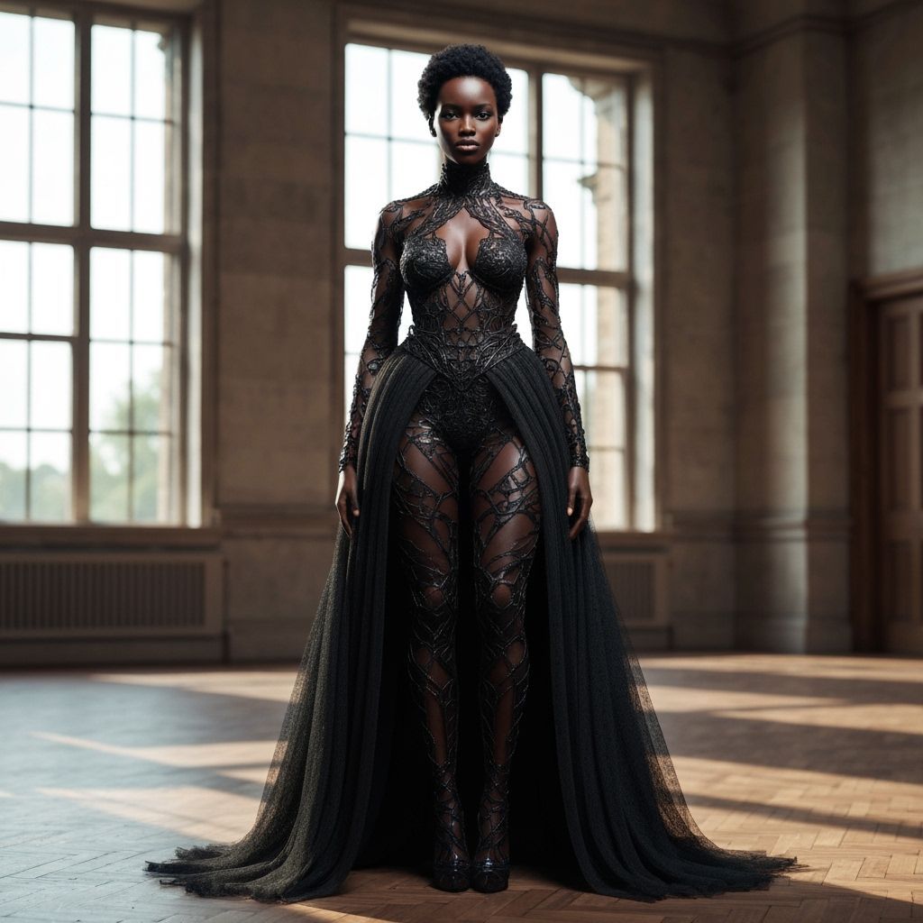 Photorealistic Black Woman in Avant-Garde Attire in Leighton...