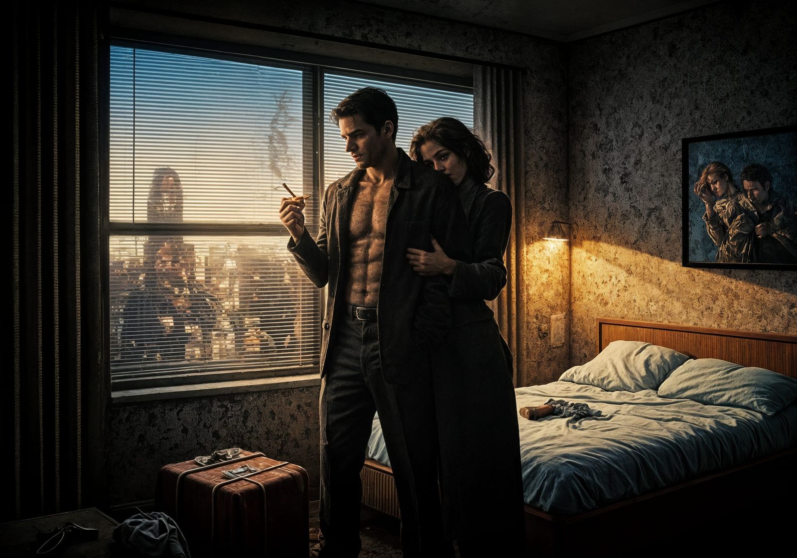 Gritty Motel Encounter in Pointillism Style