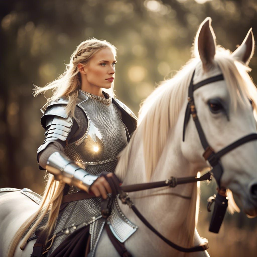 Australian Female Warrior in Silver Armor on Horse