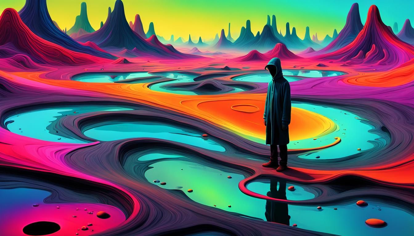 Surreal Distorted Figure in Polluted Landscape