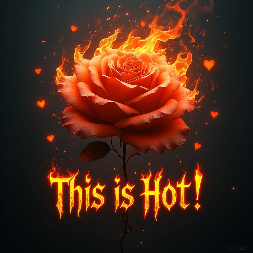 Photo realistic rose, made entirely of fire, the Rose is on fire. In the foreground, a large fiery rose floats gracefull...
