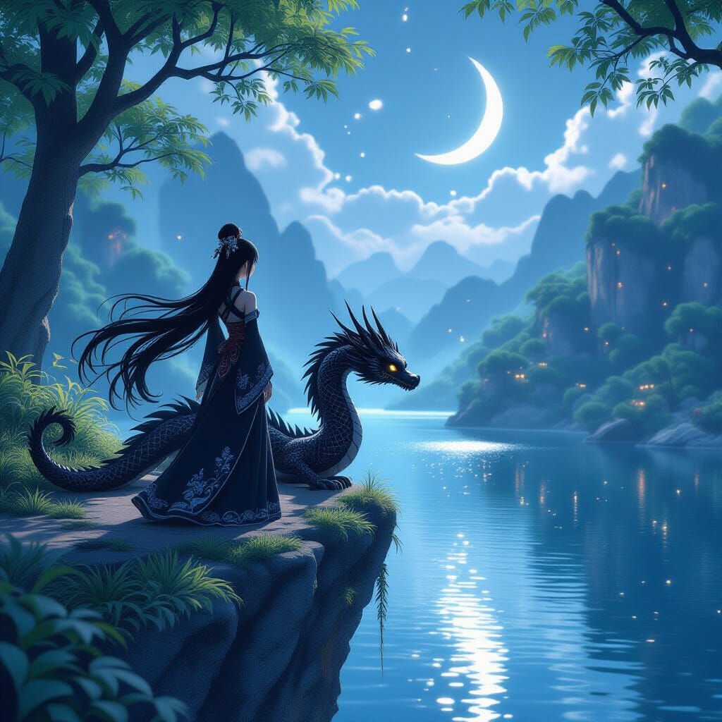 Impish Girl and Dragon Overlooking Lake in Anime Style