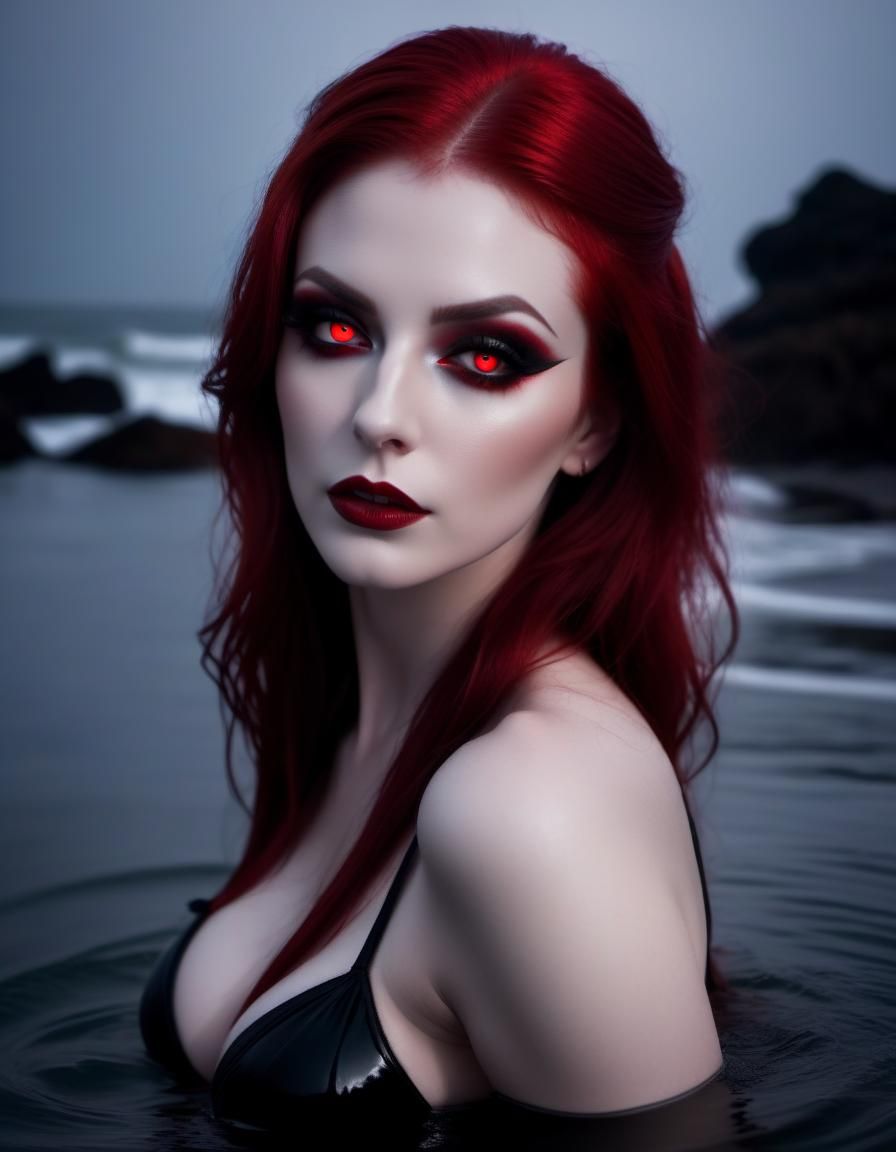 Goth Redhead Vampire on Beach at Night