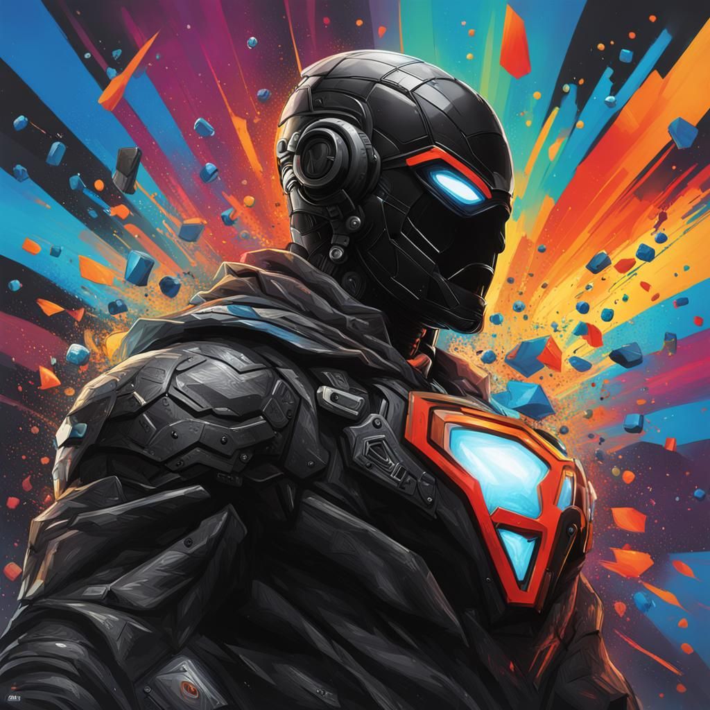 Hyperrealistic Black Omni Man Portrait in Splash Art Style