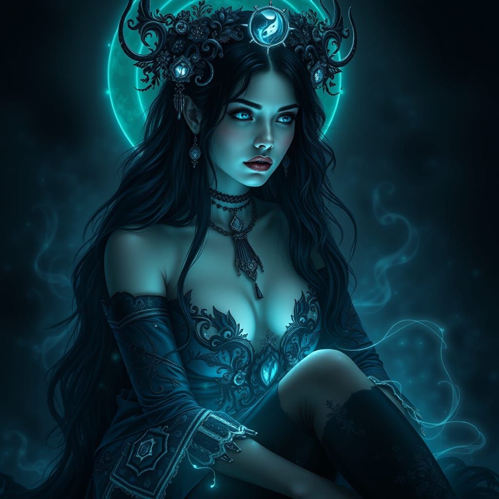 Ethereal Goddess of Twilight Elegance in Dark Mystical Attir...