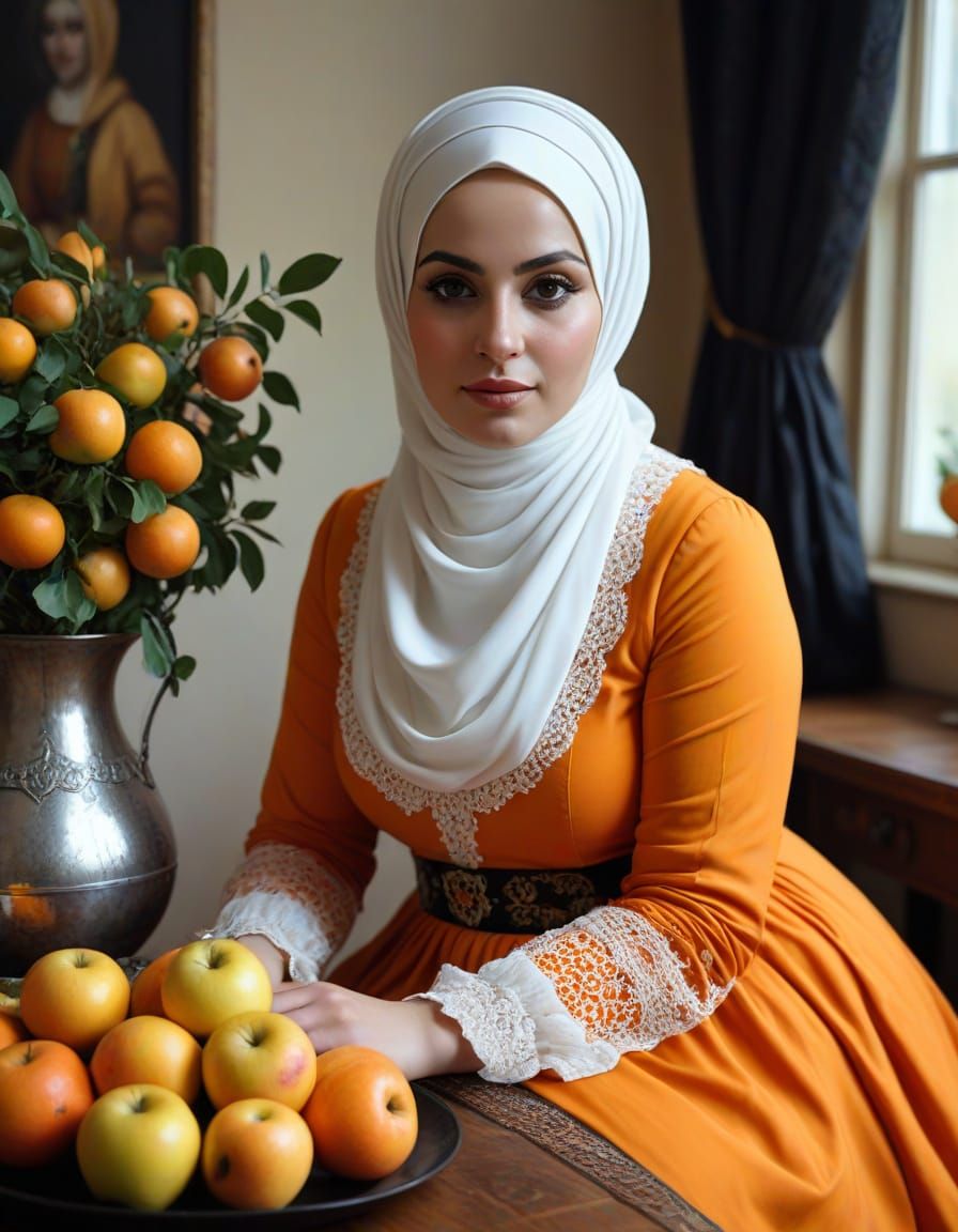 Curvy Hijabi Woman in Gothic Makeup, Inspired by Rembrandt