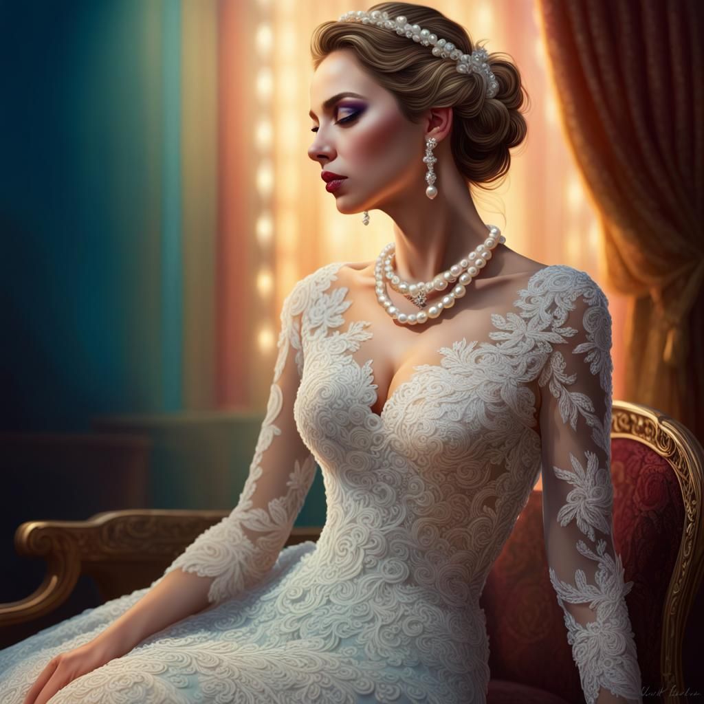 Elegant Lace Gown with Pearls and Gemstones