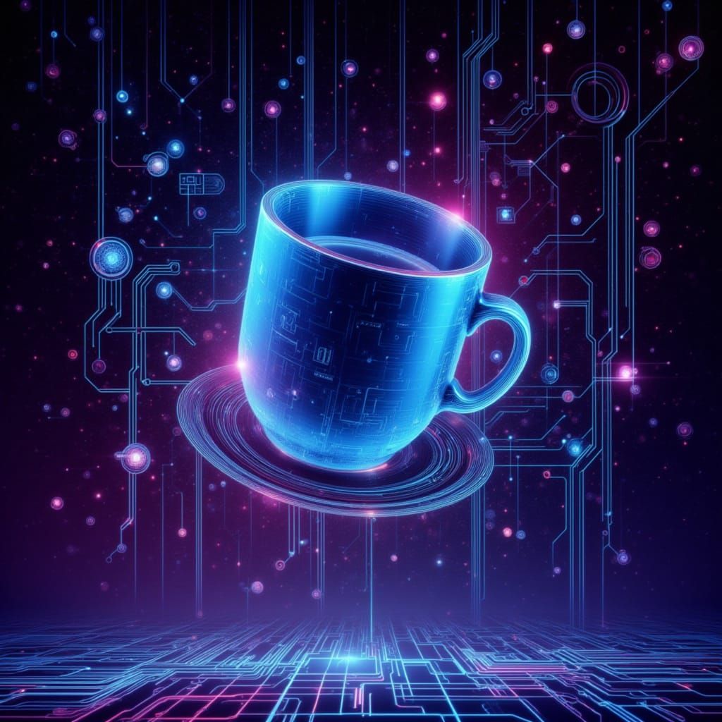 Blue Teacup in Cyberpunk Cosmic Abstract