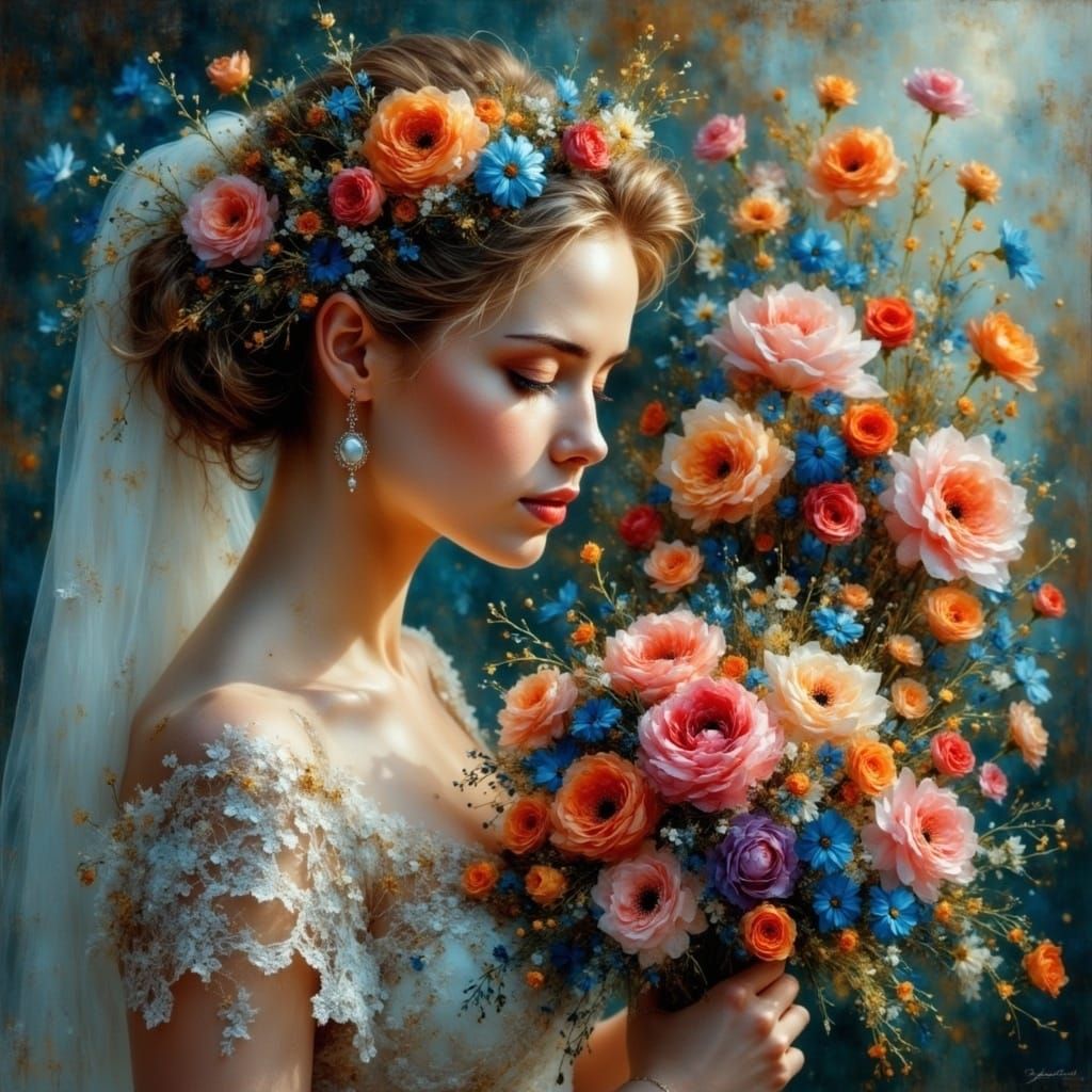 un  magnifique bouquet de mariage dans la main de la mariée Josephine Wall <lora:EtherealVisionsFlux:1.0>